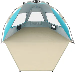 G4Free 3-4 Person Beach Tent Pop Up Shade, Lightweight UPF 50  Beach Sun Shelter Family Size, Easy Setup and Portable Sun Shade Canopy Cabana(Lake-Blue)