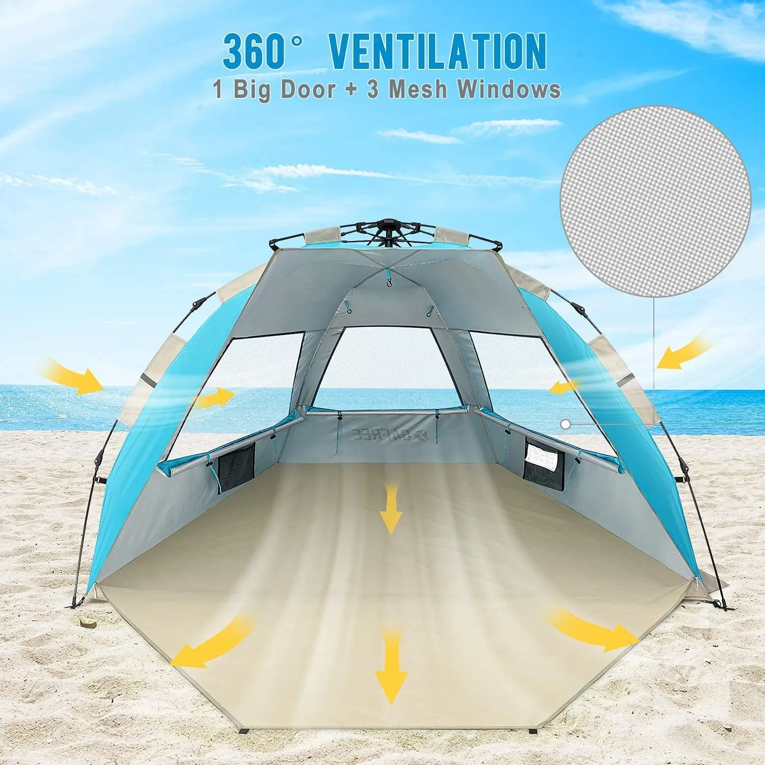 G4Free 3-4 Person Beach Tent Pop Up Shade, Lightweight UPF 50  Beach Sun Shelter Family Size, Easy Setup and Portable Sun Shade Canopy Cabana(Lake-Blue)