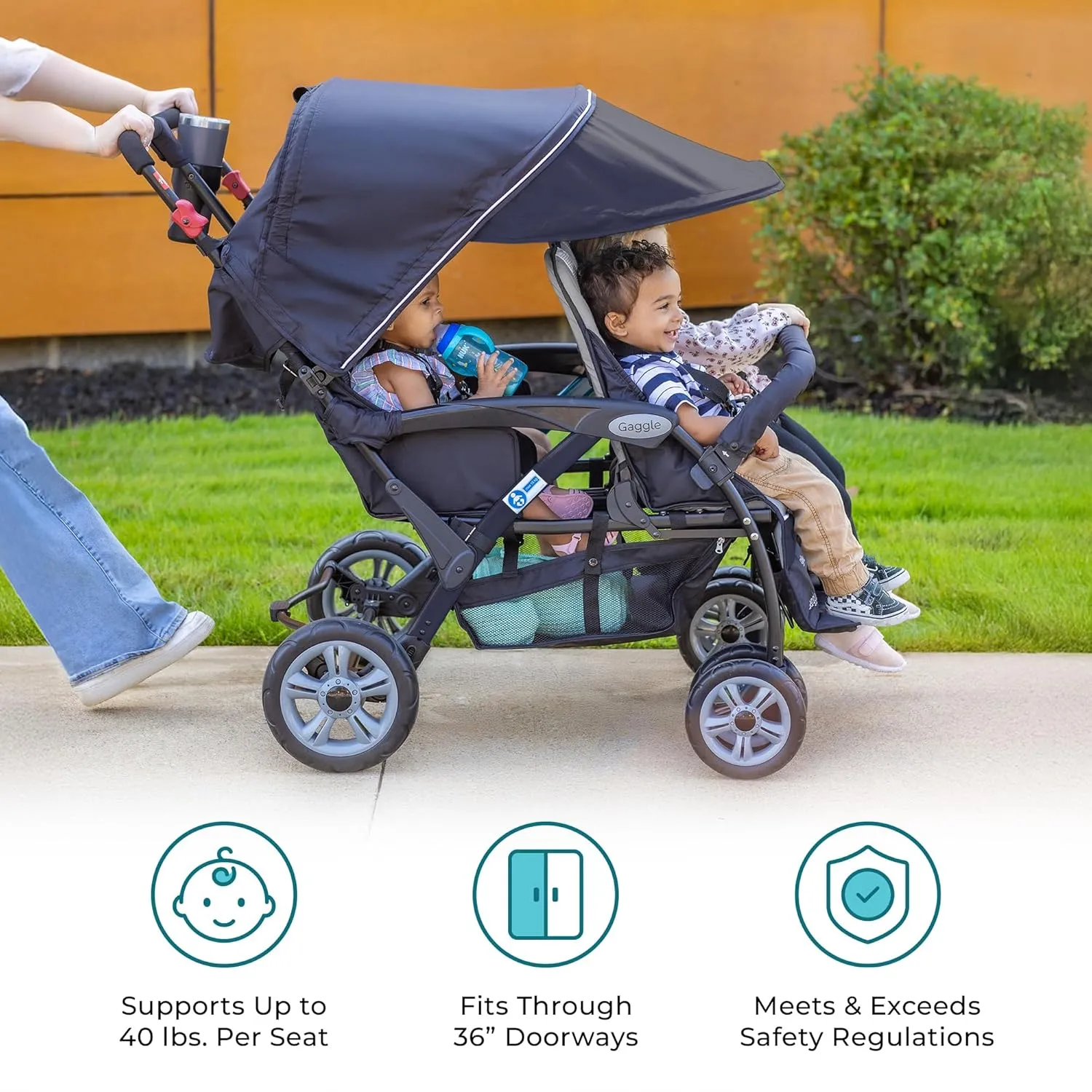 Gaggle by Foundations Compass Quad 4 Seat Stroller | 4-Seat Stroller for Daycare | Oversized UV Blocking Canopy | 5-Point Harness | Easy Loading | Storage Bucket | Black