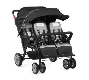 Gaggle by Foundations Compass Quad 4 Seat Stroller | 4-Seat Stroller for Daycare | Oversized UV Blocking Canopy | 5-Point Harness | Easy Loading | Storage Bucket | Black