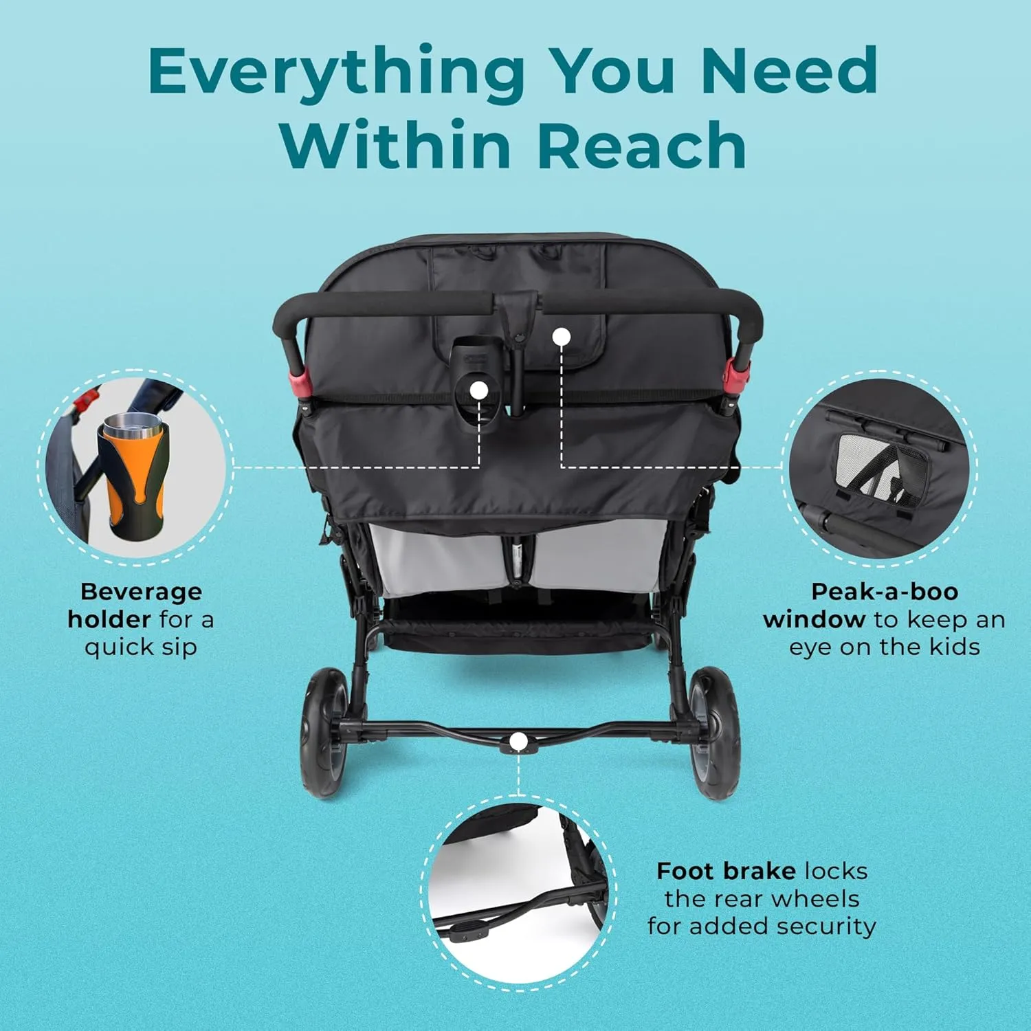 Gaggle by Foundations Compass Quad 4 Seat Stroller | 4-Seat Stroller for Daycare | Oversized UV Blocking Canopy | 5-Point Harness | Easy Loading | Storage Bucket | Black