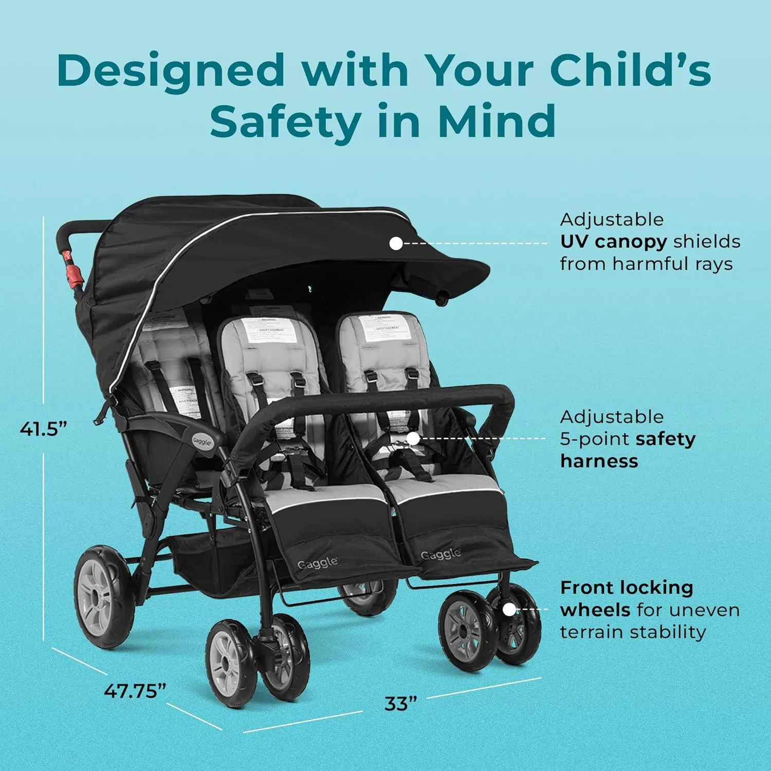Gaggle by Foundations Compass Quad 4 Seat Stroller | 4-Seat Stroller for Daycare | Oversized UV Blocking Canopy | 5-Point Harness | Easy Loading | Storage Bucket | Black