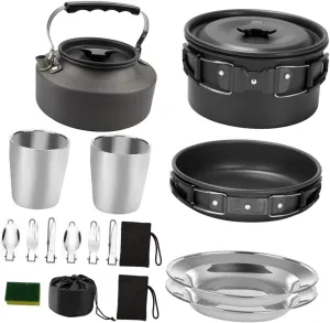 GANAZONO Outdoor Cooking Essentials Camping Cookware Set Portable Teapot Aluminum Frying Forks Spoons Picnic Plates Non-Stick for 2-3 People