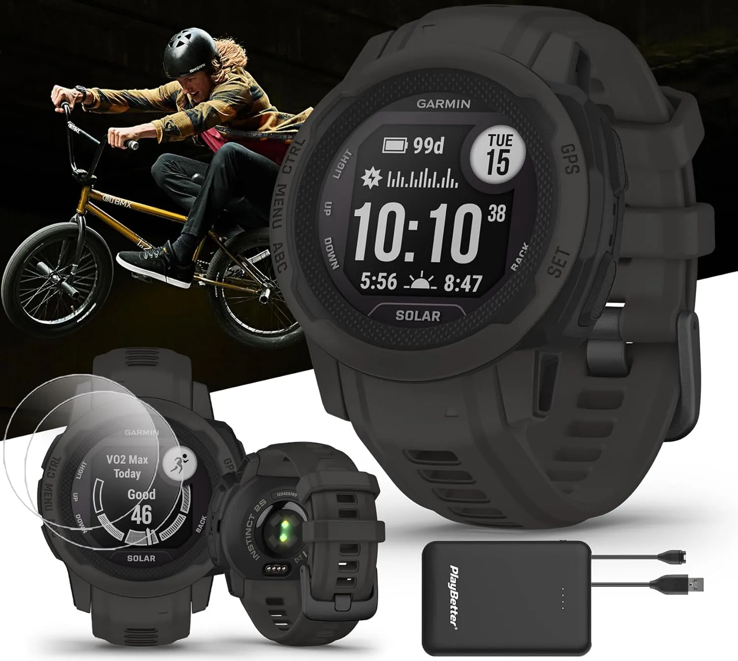 Garmin Instinct 2S Solar (Graphite) Rugged GPS Smartwatch Bundle - Outdoor Watch with Multi GNSS, Compass, Heart Rate, S/M, 40mm - Includes PlayBetter Screen Protectors & Portable Charger