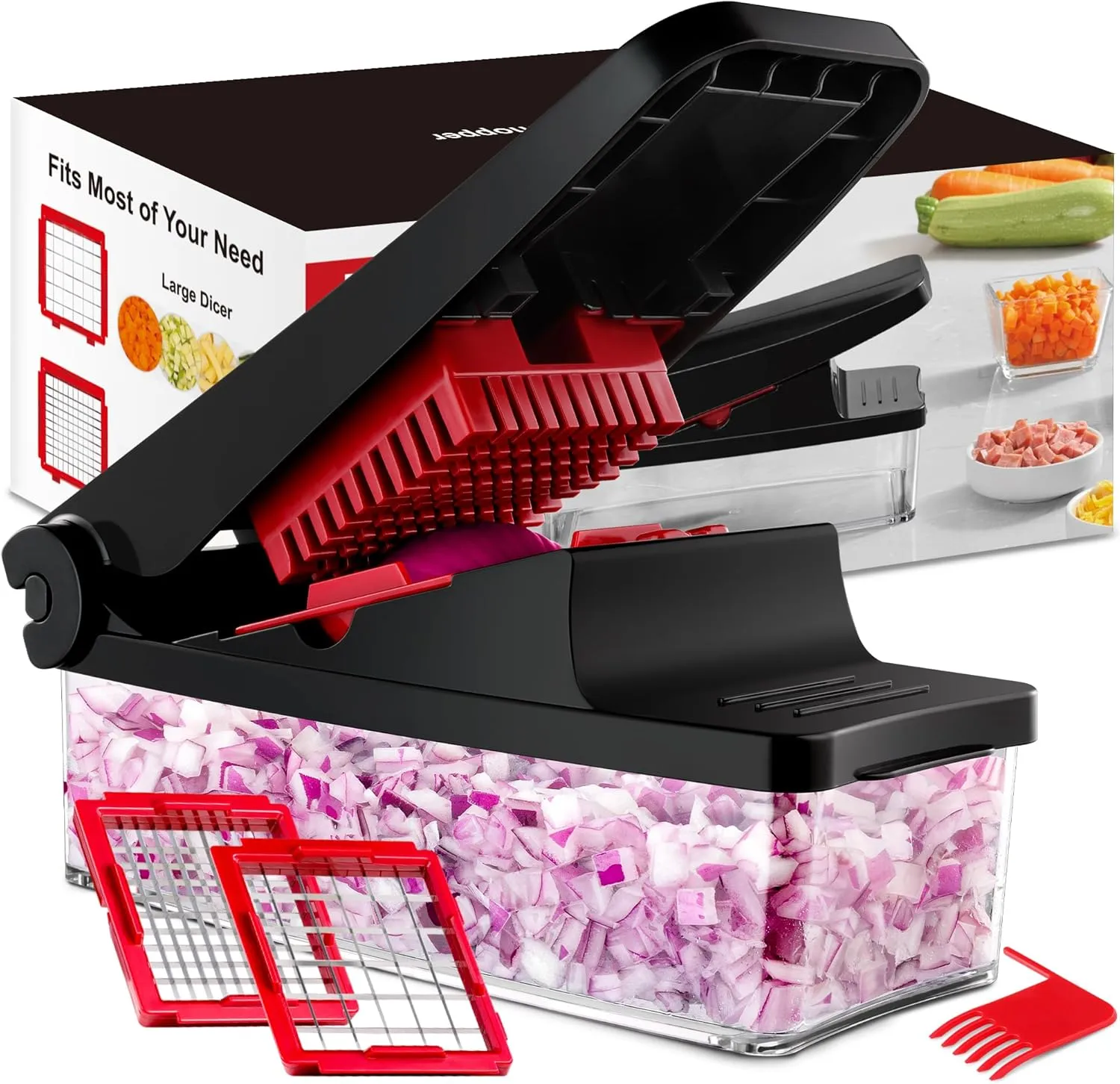 GDL Vegetable Chopper, Onion Chopper Pro Vegetable Cutter, Kitchen Food Slicer with Container Veggie Dicer, Salad Cutter for Onion, Carrot, Potato (2 in 1, Red)