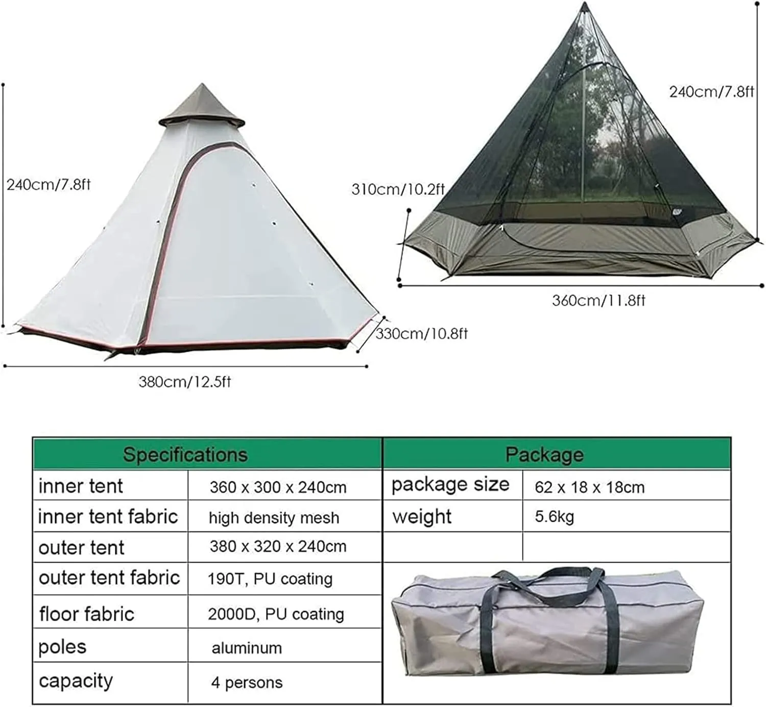 GeRRiT Tents for Camping 4 Person, Waterproof Pyramid Teepee Tent Adult Tent Waterproof Double Layers Indian Tent Yurt Tent Tower Post Bell Tent for Outdoor Family Trip Hello