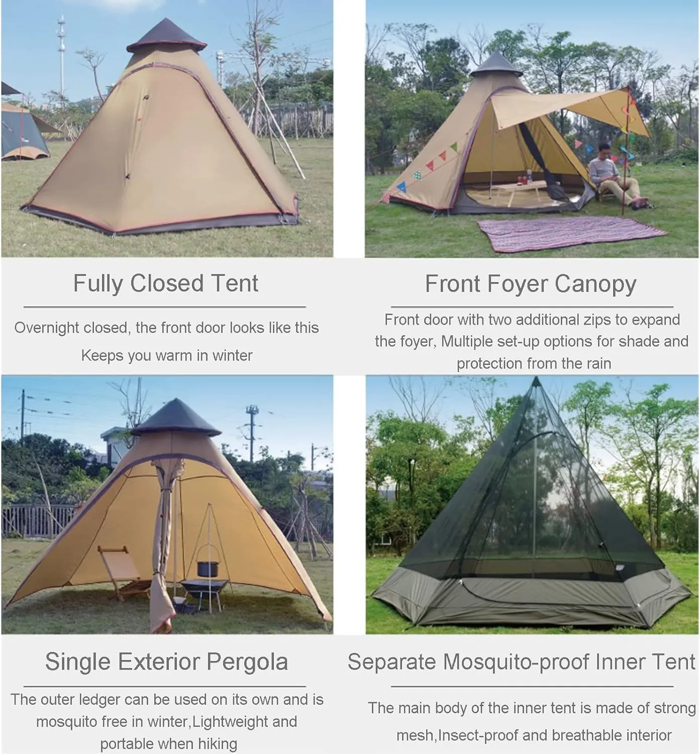 GeRRiT Tents for Camping 4 Person, Waterproof Pyramid Teepee Tent Adult Tent Waterproof Double Layers Indian Tent Yurt Tent Tower Post Bell Tent for Outdoor Family Trip Hello