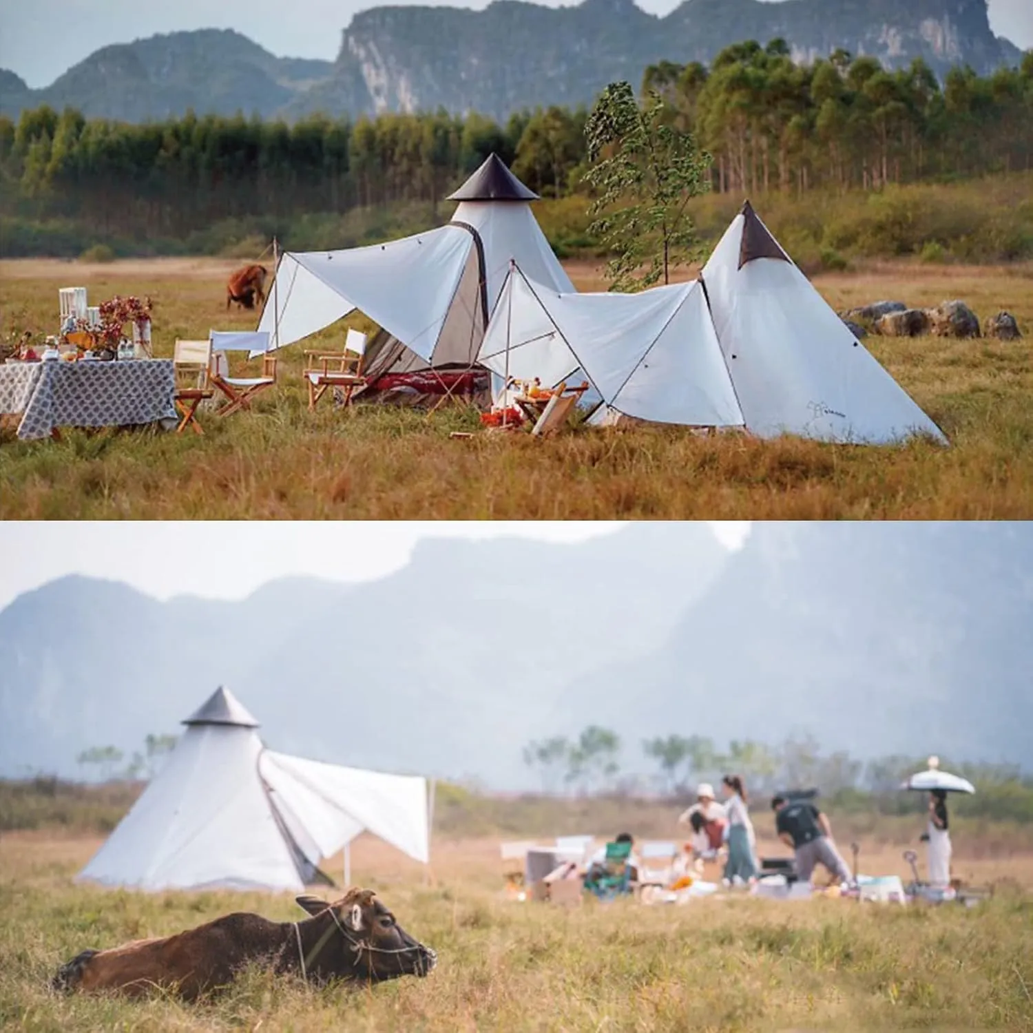 GeRRiT Tents for Camping 4 Person, Waterproof Pyramid Teepee Tent Adult Tent Waterproof Double Layers Indian Tent Yurt Tent Tower Post Bell Tent for Outdoor Family Trip Hello