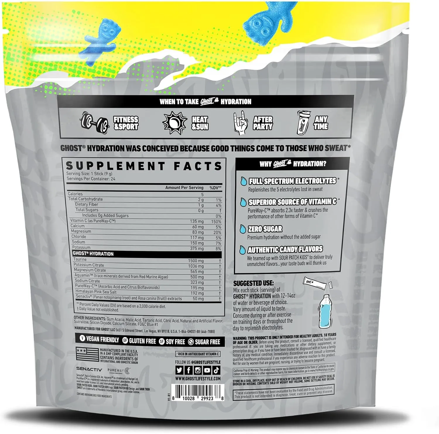 GHOST Hydration Packets, Sour Patch Kids Blue Raspberry, 24 Sticks, Electrolyte Powder - Drink Mix Supplement with Magnesium, Potassium, Calcium, Vitamin C - Vegan, Free of Soy, Sugar & Gluten