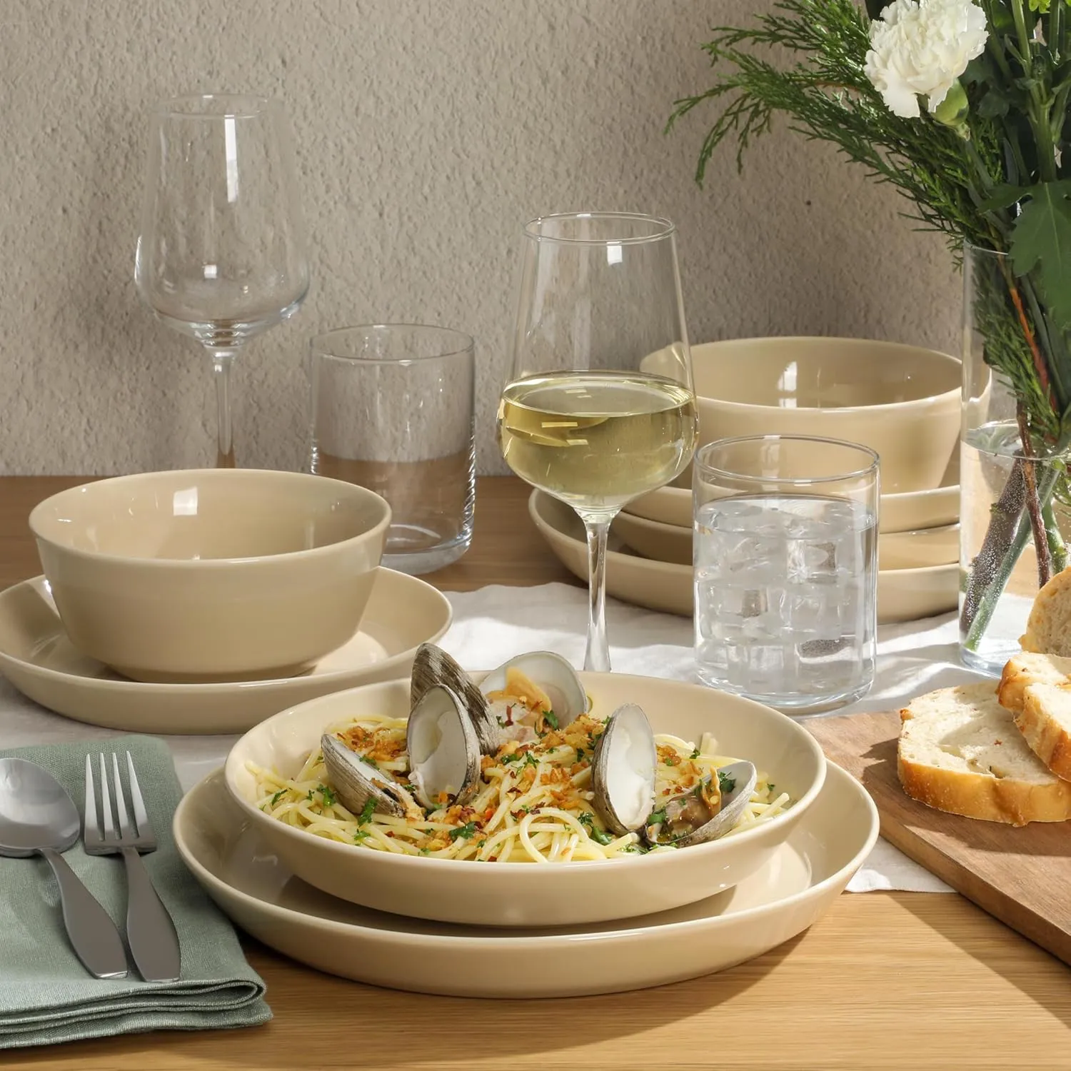 Gibson Home Summer Shades 16 Piece Plates and Bowls Dishes Service for 4 Porcelain Dinnerware Set - Taupe