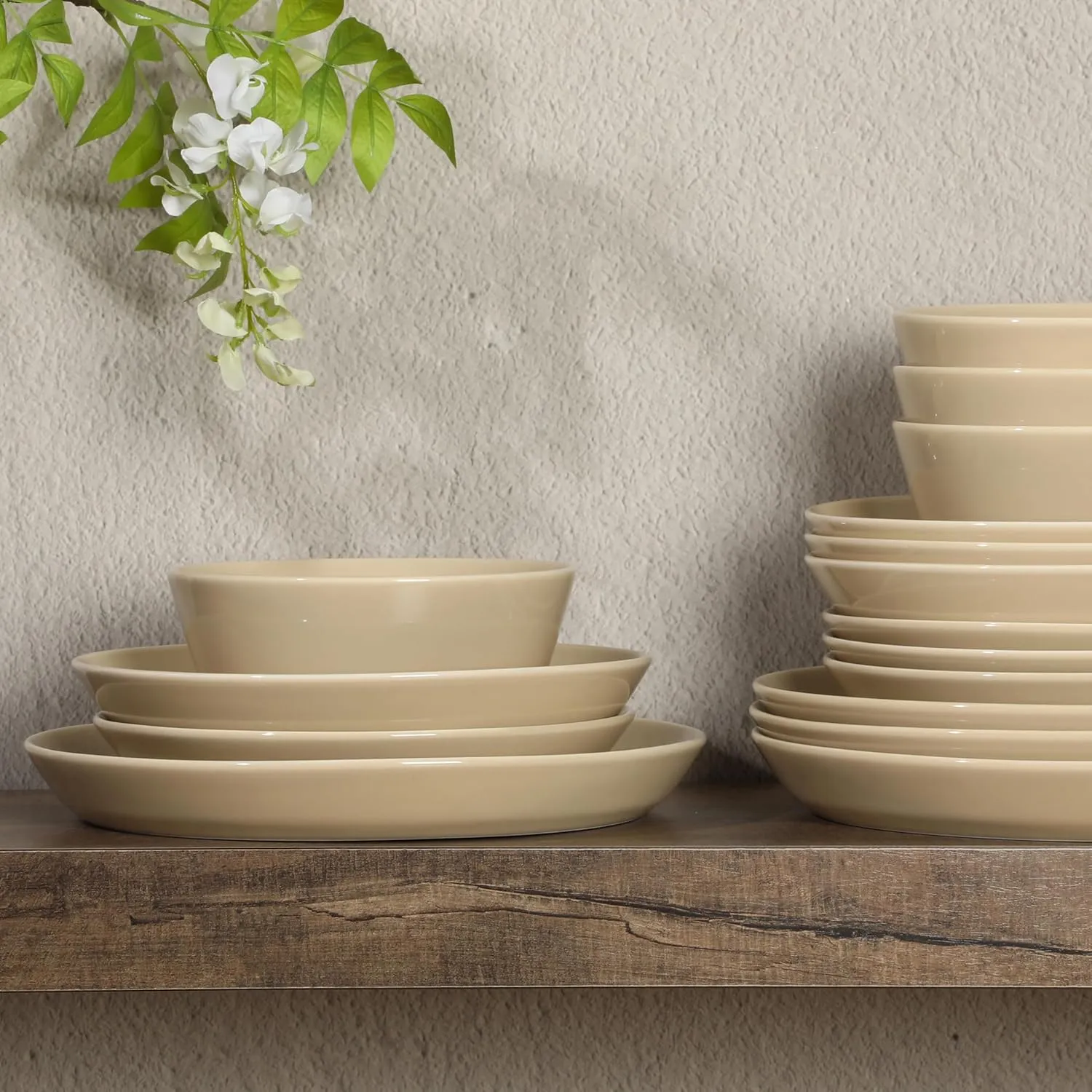 Gibson Home Summer Shades 16 Piece Plates and Bowls Dishes Service for 4 Porcelain Dinnerware Set - Taupe