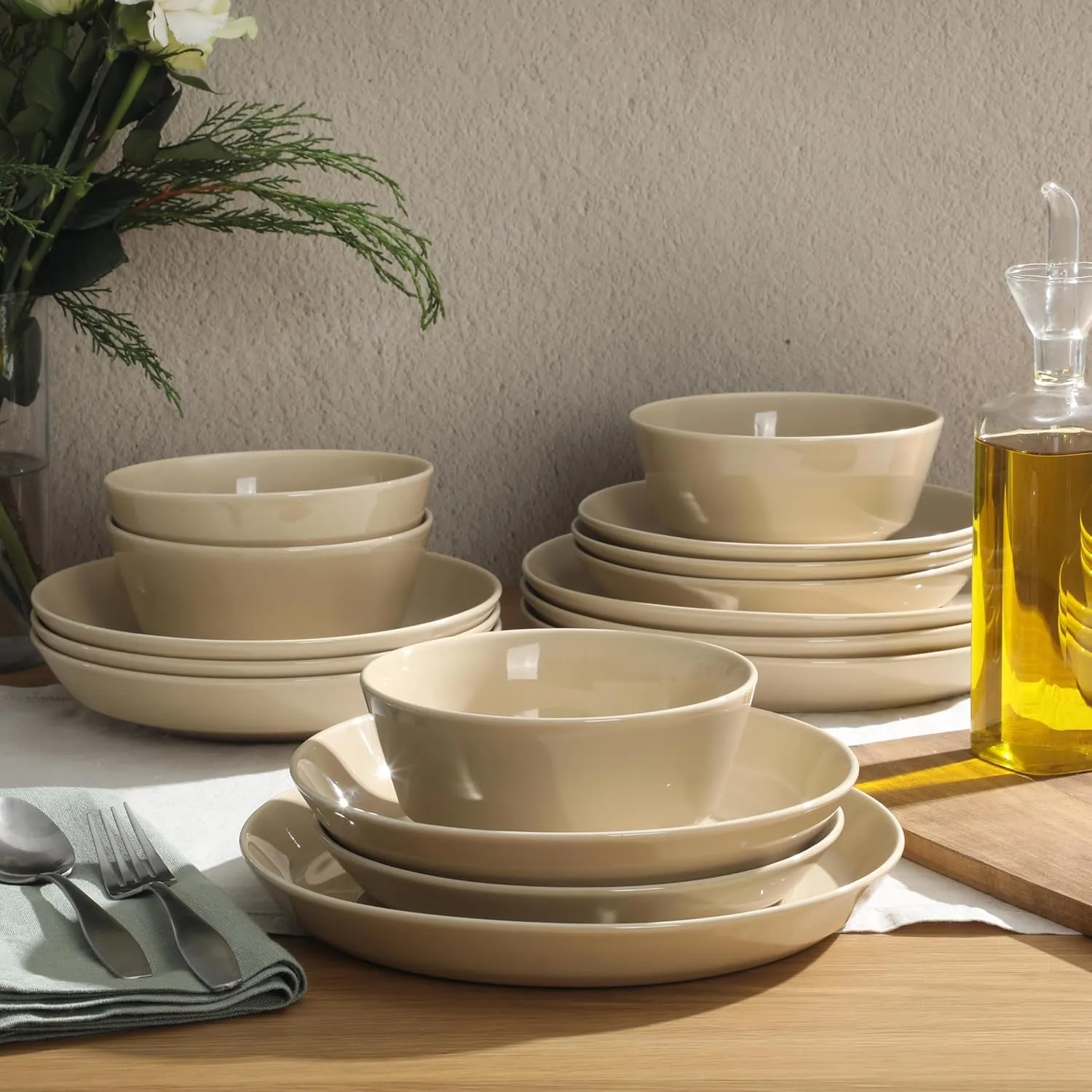 Gibson Home Summer Shades 16 Piece Plates and Bowls Dishes Service for 4 Porcelain Dinnerware Set - Taupe