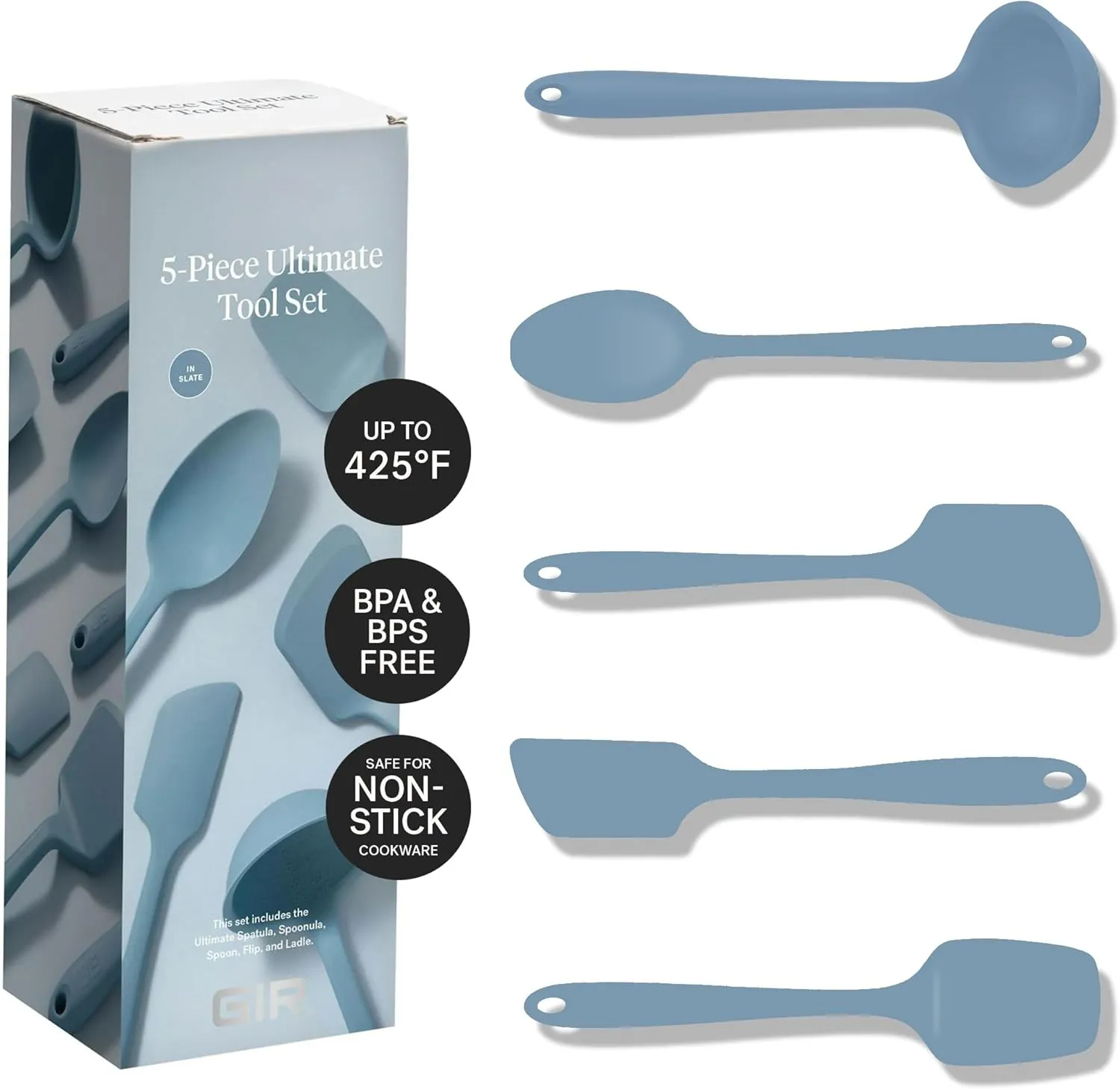 GIR: Get It Right 5 Piece Silicone Cooking Utensils Set - Ladle, Spatula, Flip, Spoon & Spoonula - Non-Stick, Heat Resistant & Dishwasher Safe - Silicone Kitchen Utensils - BPA & BPS Free - Slate