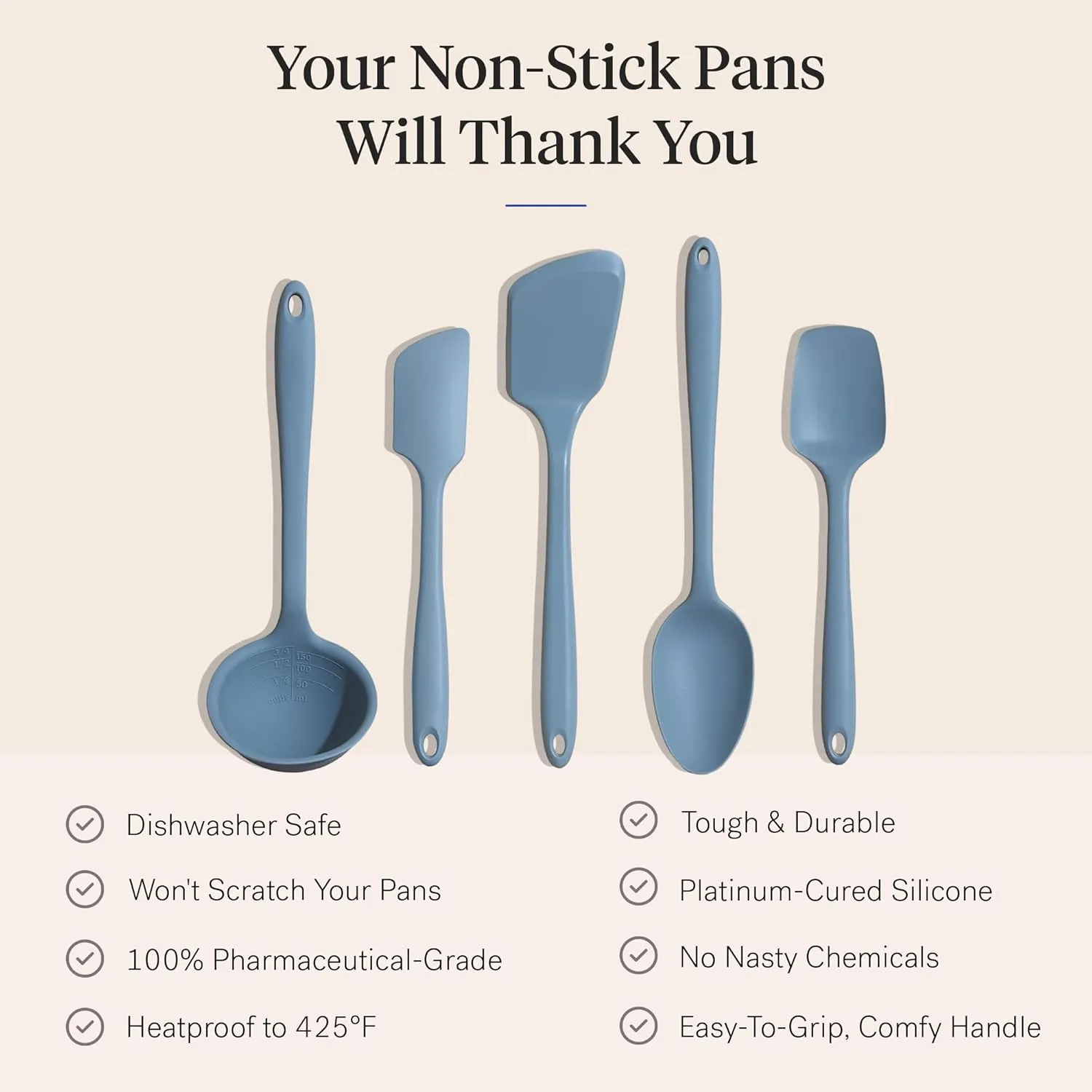 GIR: Get It Right 5 Piece Silicone Cooking Utensils Set - Ladle, Spatula, Flip, Spoon & Spoonula - Non-Stick, Heat Resistant & Dishwasher Safe - Silicone Kitchen Utensils - BPA & BPS Free - Slate
