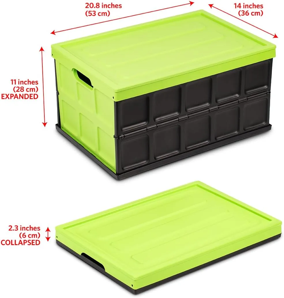 Glad Collapsible Storage Bin with Lid - 48L Foldable Plastic Box for Garage, Car Trunk, and Organization - Stackable Lidded Container with Handles, Green