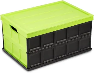 Glad Collapsible Storage Bin with Lid - 48L Foldable Plastic Box for Garage, Car Trunk, and Organization - Stackable Lidded Container with Handles, Green