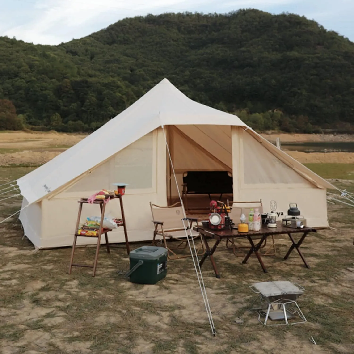 Glamping Tent - Waterproof Bell Tent w/Stove Jack for Family Camping in All Seasons Cotton Yurt Tent (Cotton 440X300X235CM)