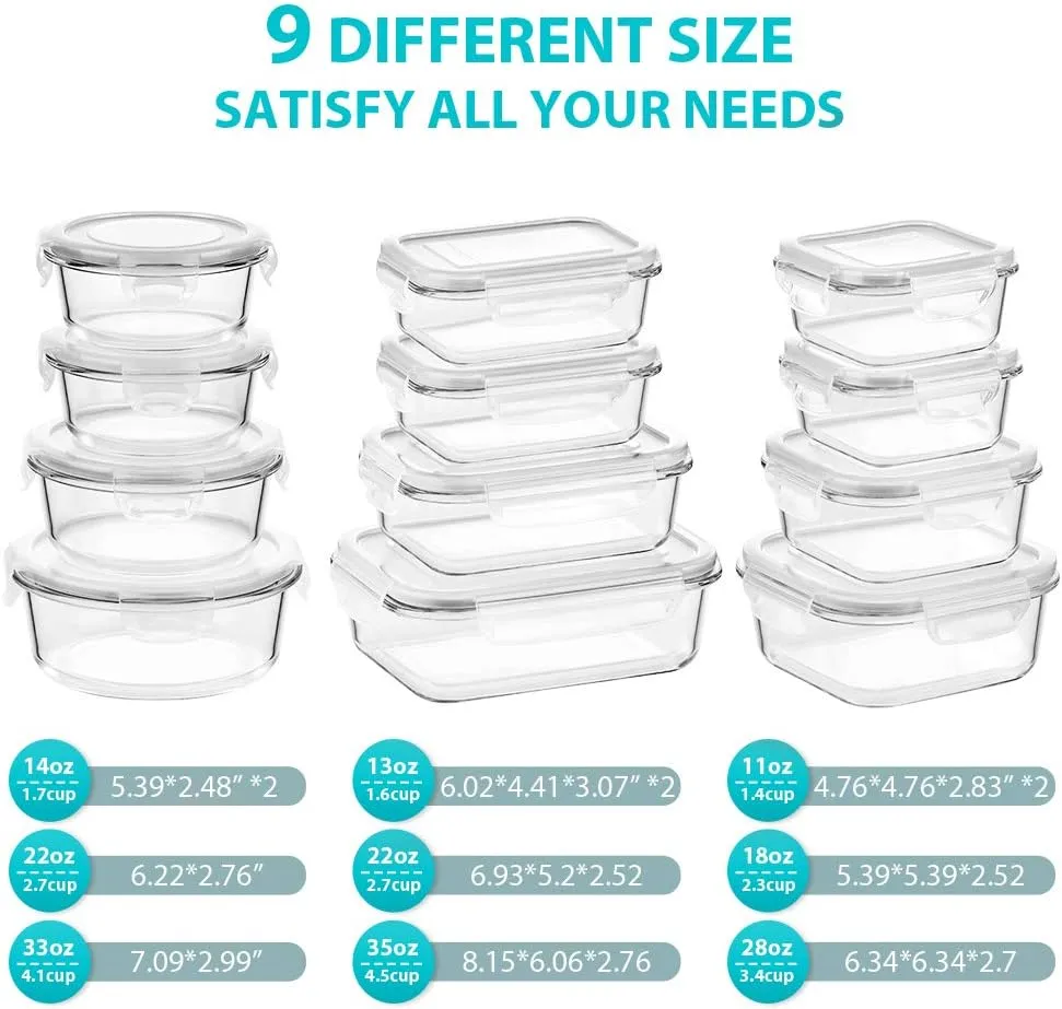 Glass Food Storage Containers with Lids, [24 Piece] Meal Prep Containers, Airtight Glass Bento Boxes, BPA Free & Leak Proof (12 lids & 12 Containers)-Grey