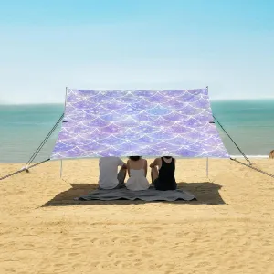 Glitter Purple Mermaid Scales Beach Canopy Tent Anti-UV & Wind Resistant, Camping Sun Shelter Easy Setup Portable,Outdoor Shade Tents with Sandbags,Sand Shovels,Ground Pegs & Stability Poles