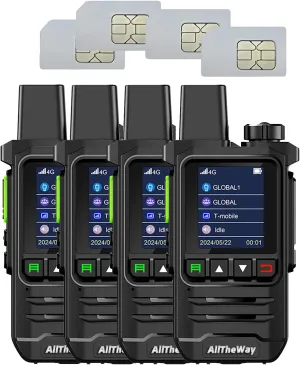 Global Walkie Talkies Unlimited Range 4G PTT Radios Nationwide Handhold Long Distance Two Way Radio Portable Radios with Flashlight for Family and Work Teams(4 Pack with SIM)