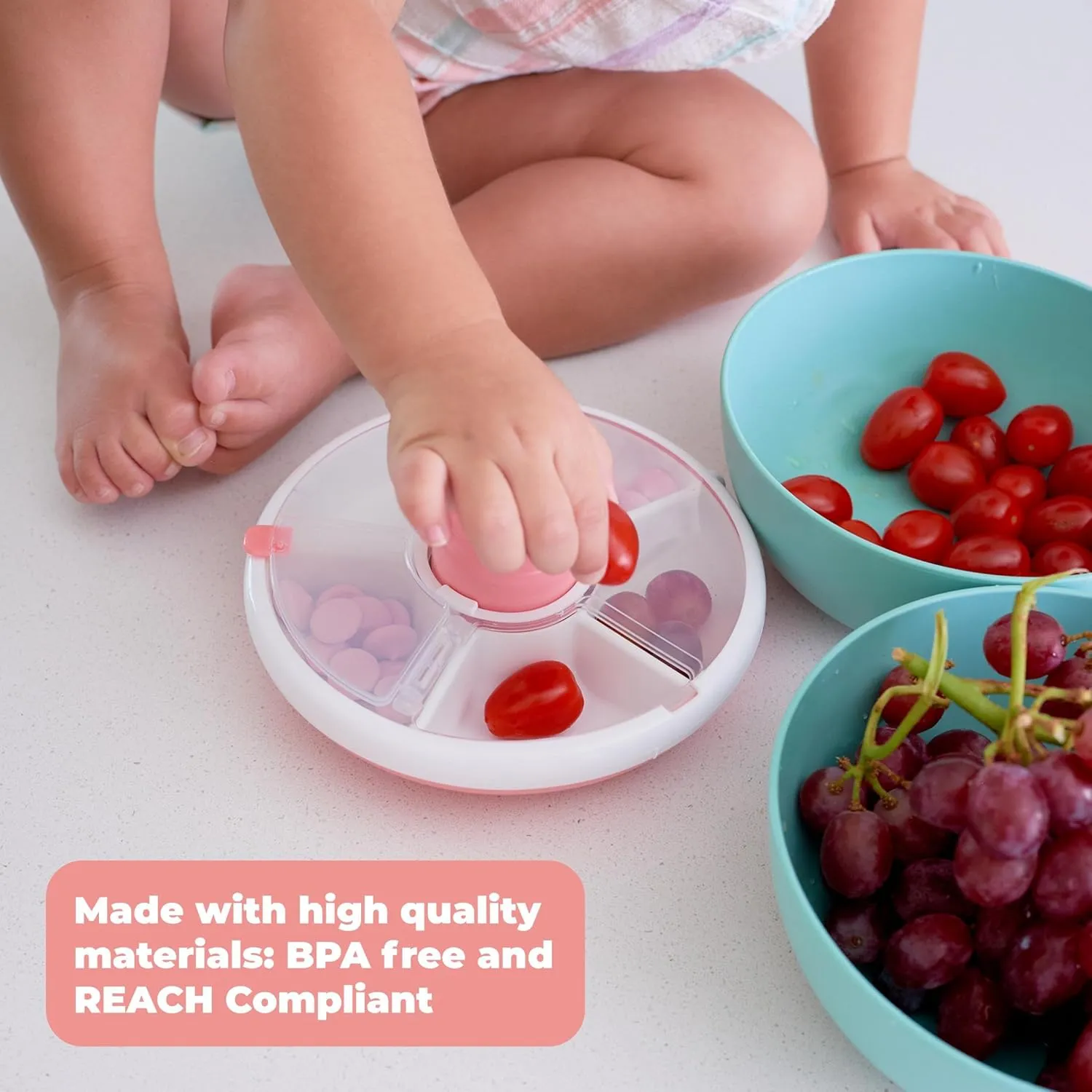 GoBe Kids Small Snack Spinner Flip Bundle with Hand Strap and Sticker Sheet - Reusable Snack Container with 5 Compartment Dispenser and Lid | BPA/PVC Free | Dishwasher Safe | No Spill- Macaron Blue