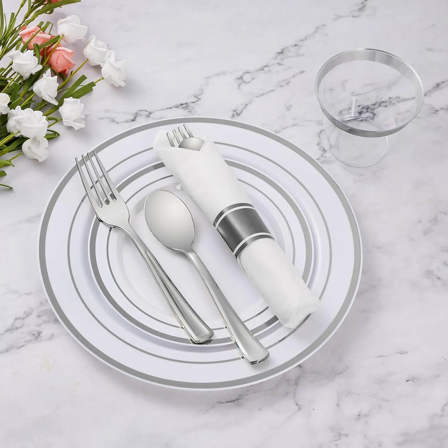 Goodluck 175 Piece Silver Plastic Dinnerware Set for 25 Guests, Fancy Disposable Plates for Party, Include: 25 Dinner Plates, 25 Dessert Plates, 25 Pre Rolled Napkins with Silver Silverware, 25 Cups