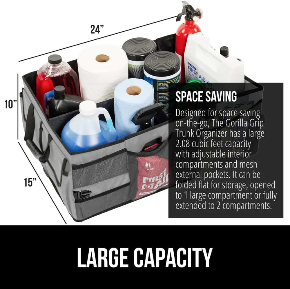 GORILLA GRIP Large Capacity Sturdy Trunk Storage Organizer, Slip and Water Resistant Collapsible Organization Container for Car Sedan or SUV, Multi Compartment Container Box Vehicle Accessories, Gray