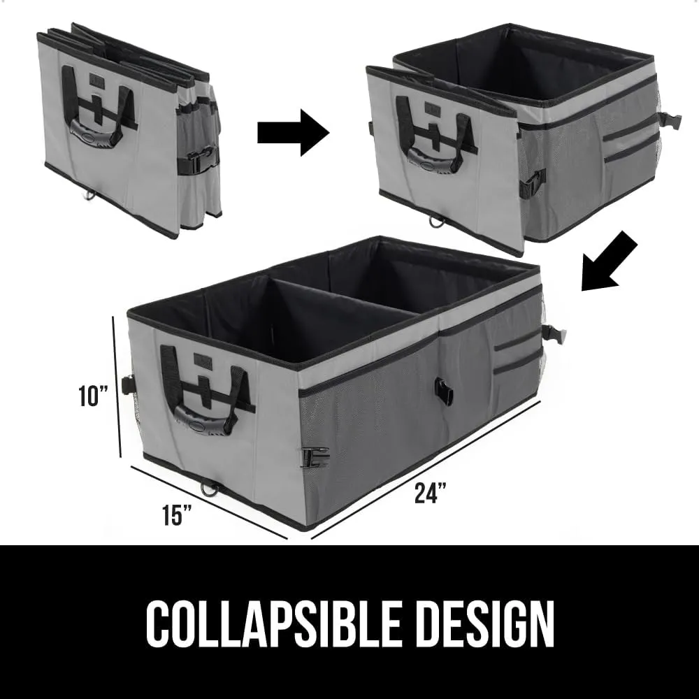 GORILLA GRIP Large Capacity Sturdy Trunk Storage Organizer, Slip and Water Resistant Collapsible Organization Container for Car Sedan or SUV, Multi Compartment Container Box Vehicle Accessories, Gray