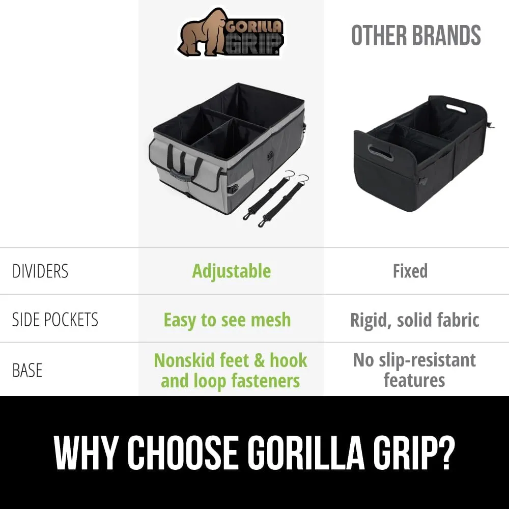 GORILLA GRIP Large Capacity Sturdy Trunk Storage Organizer, Slip and Water Resistant Collapsible Organization Container for Car Sedan or SUV, Multi Compartment Container Box Vehicle Accessories, Gray