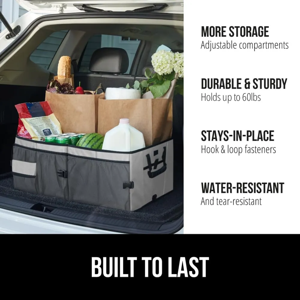 GORILLA GRIP Large Capacity Sturdy Trunk Storage Organizer, Slip and Water Resistant Collapsible Organization Container for Car Sedan or SUV, Multi Compartment Container Box Vehicle Accessories, Gray