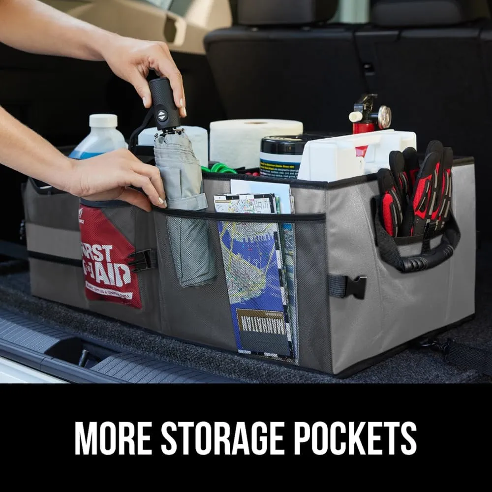 GORILLA GRIP Large Capacity Sturdy Trunk Storage Organizer, Slip and Water Resistant Collapsible Organization Container for Car Sedan or SUV, Multi Compartment Container Box Vehicle Accessories, Gray