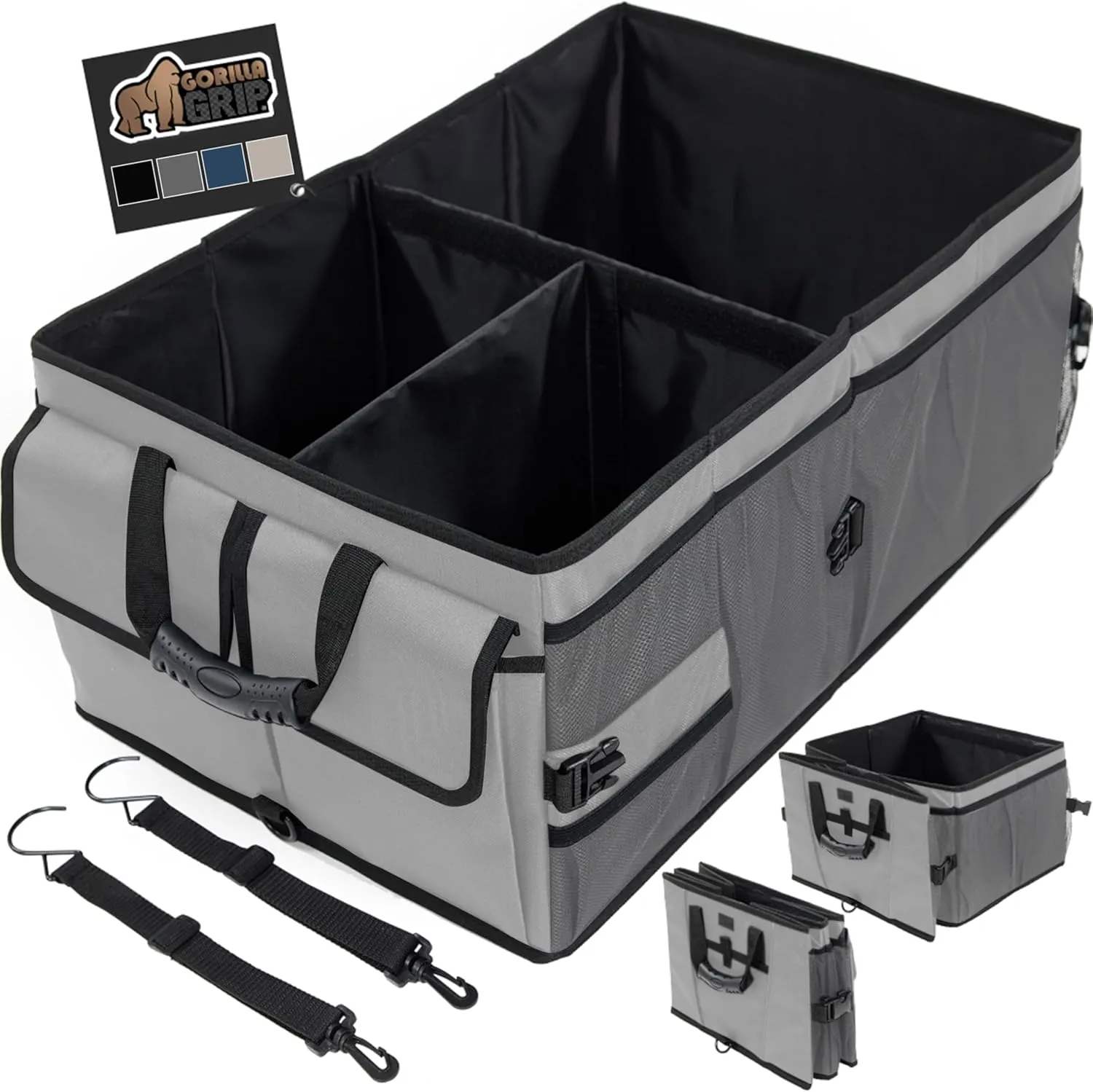 GORILLA GRIP Large Capacity Sturdy Trunk Storage Organizer, Slip and Water Resistant Collapsible Organization Container for Car Sedan or SUV, Multi Compartment Container Box Vehicle Accessories, Gray