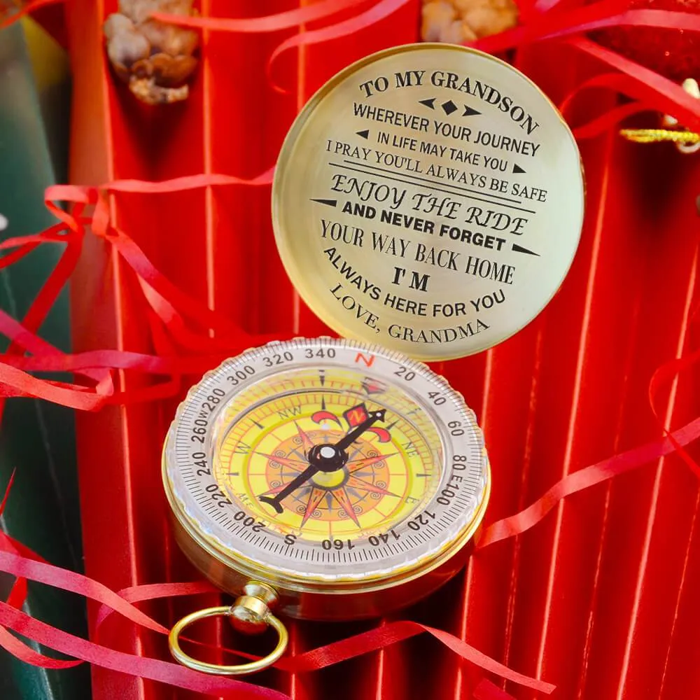 Grandma to Grandson, Engraved Compass with Leather Case