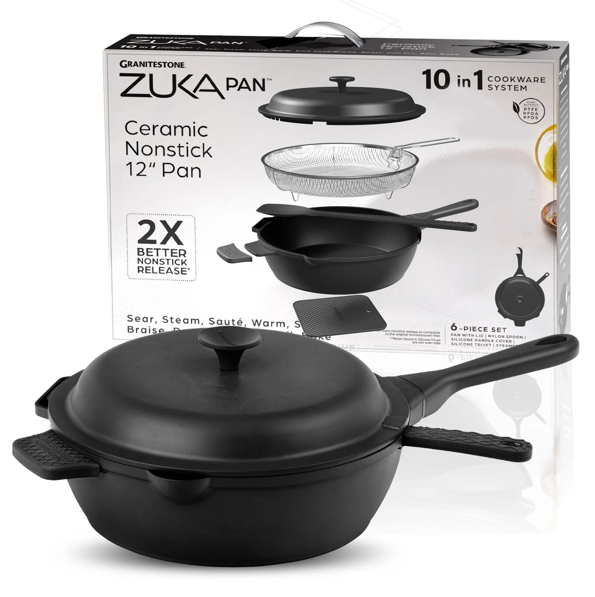 Granitestone 12" Zuka Pan – 6-Piece Multi-Functional Everyday Pan Set with Lid, Nylon Spoon & Steamer Basket