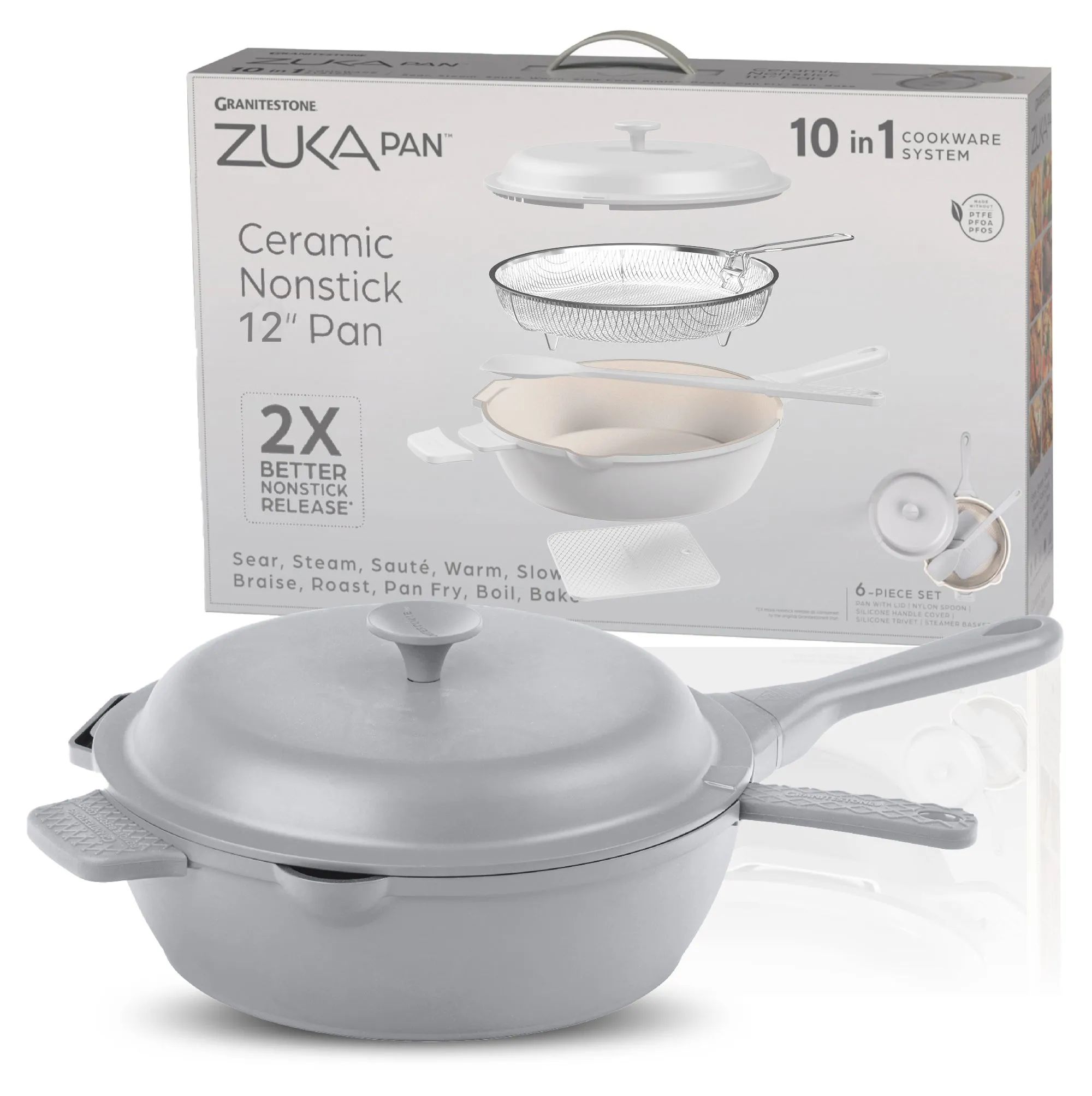 Granitestone 12" Zuka Pan – 6-Piece Multi-Functional Everyday Pan Set with Lid, Nylon Spoon & Steamer Basket