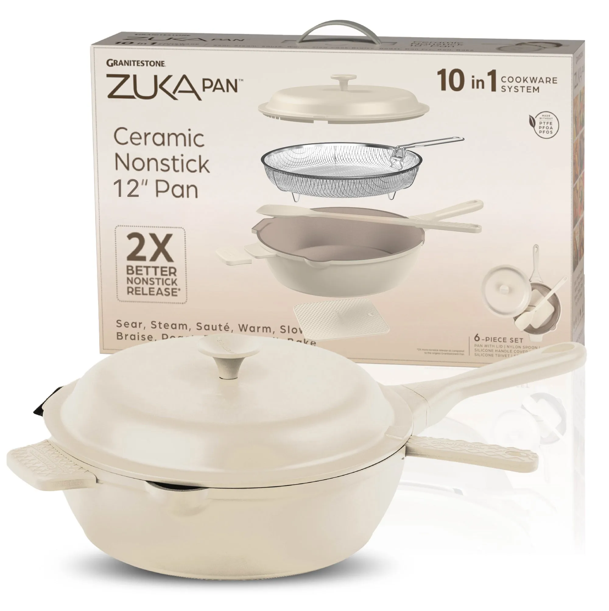 Granitestone 12" Zuka Pan – 6-Piece Multi-Functional Everyday Pan Set with Lid, Nylon Spoon & Steamer Basket