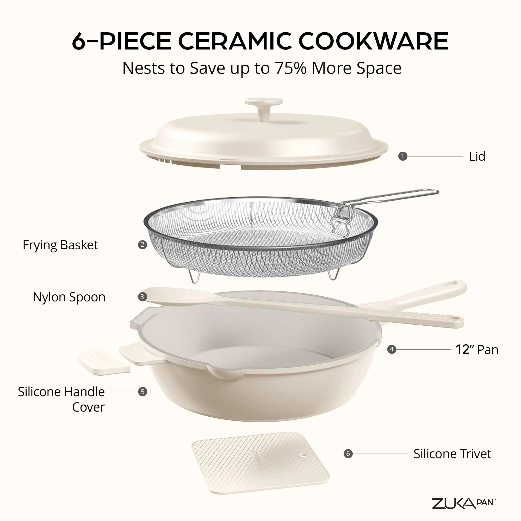 Granitestone 12" Zuka Pan – 6-Piece Multi-Functional Everyday Pan Set with Lid, Nylon Spoon & Steamer Basket