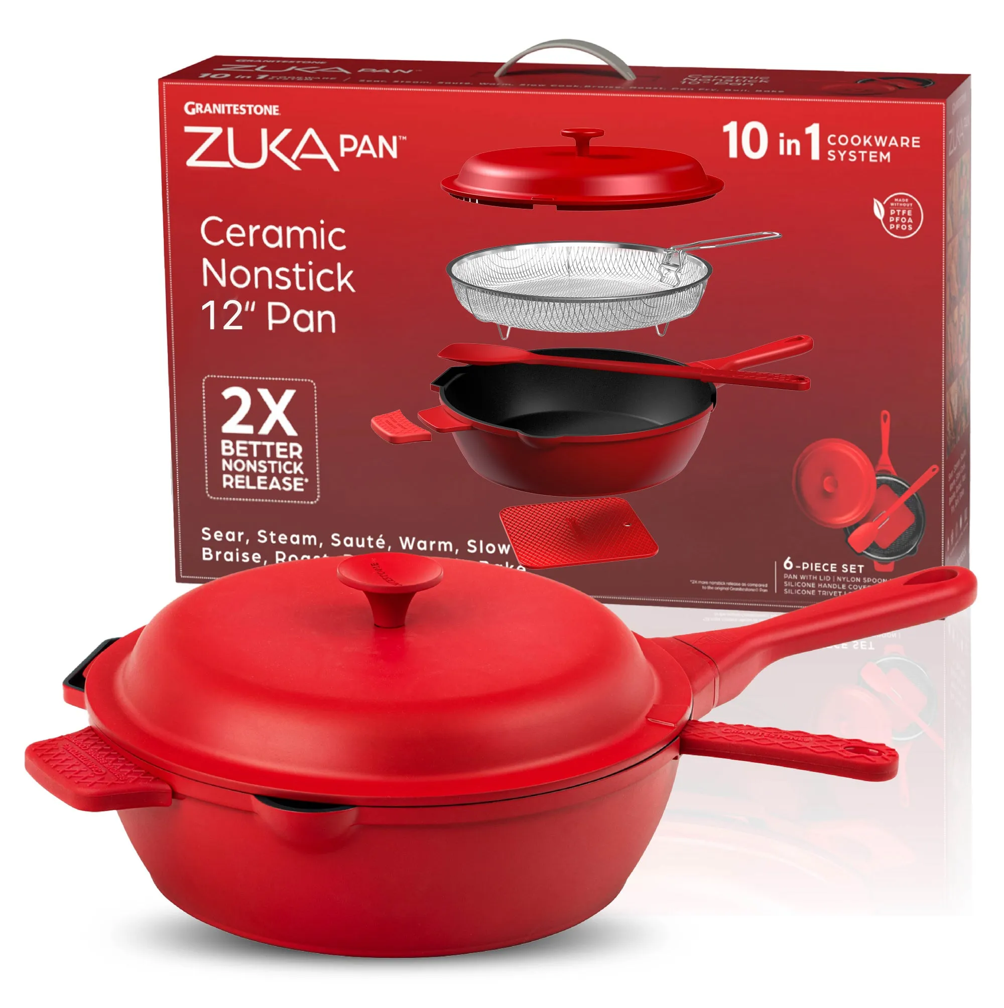 Granitestone 12" Zuka Pan – 6-Piece Multi-Functional Everyday Pan Set with Lid, Nylon Spoon & Steamer Basket