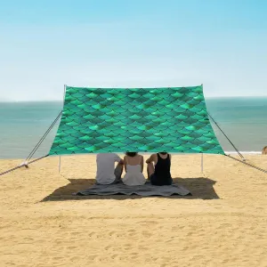 Green Fish Scales Mermaids Beach Canopy Tent Anti-UV & Wind Resistant, Camping Sun Shelter Easy Setup Portable,Outdoor Shade Tents with Sandbags,Sand Shovels,Ground Pegs & Stability Poles