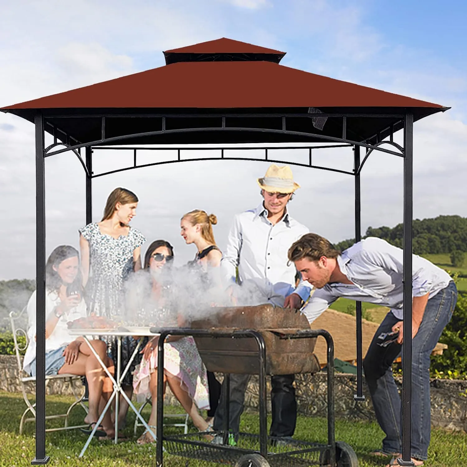 Grill Gazebo Replacement Canopy Roof – Hugline 5x8 Outdoor Grill Shelter Canopy Top Double Tiered BBQ Tent Cover Fit for Model L-GG001PST-F (Burgundy)