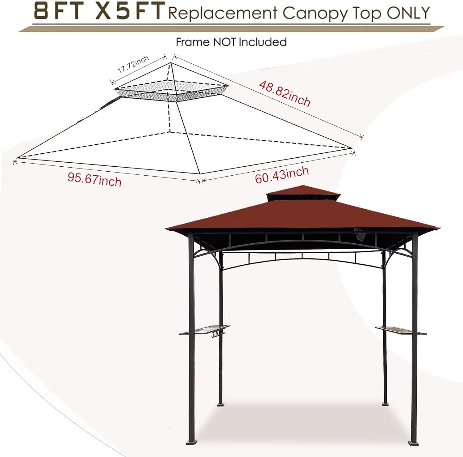 Grill Gazebo Replacement Canopy Roof – Hugline 5x8 Outdoor Grill Shelter Canopy Top Double Tiered BBQ Tent Cover Fit for Model L-GG001PST-F (Burgundy)