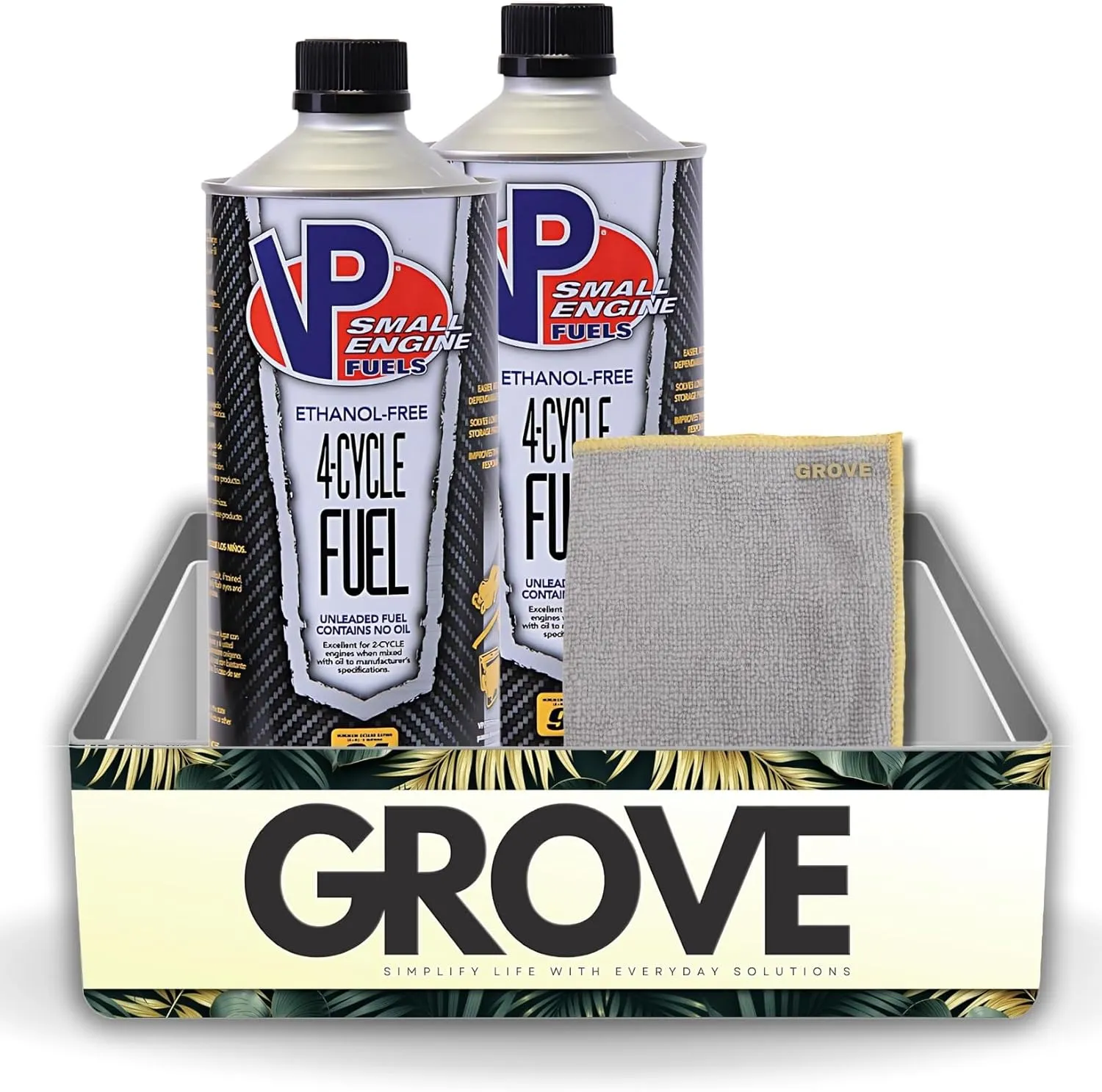 GROVE VP Racing Fuels Ethanol-Free 4-Cycle Fuel 1 qt Bundle with Microfiber Cloth - Peak Performance Fuel for Lawn Mowers and Outdoor Equipment - No Fuel Stabilizers Needed - (3 Items)