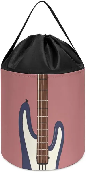 Guitar Bass Music Musical Instruments Toy Storage Basket Reusable Drawstring Toy Bucket Bags Toy Hamper Round Toys Clothes Storage Basket for Playroom
