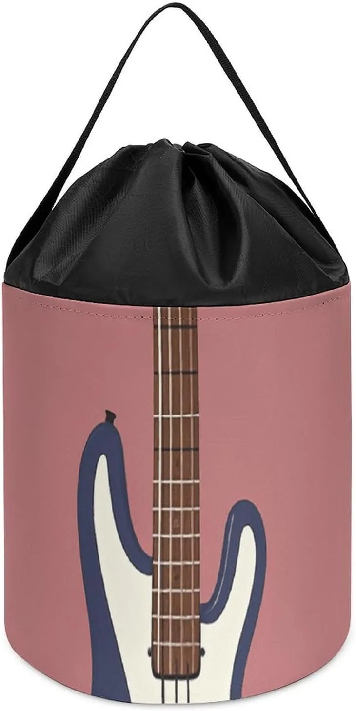 Guitar Bass Music Musical Instruments Toy Storage Basket Reusable Drawstring Toy Bucket Bags Toy Hamper Round Toys Clothes Storage Basket for Playroom
