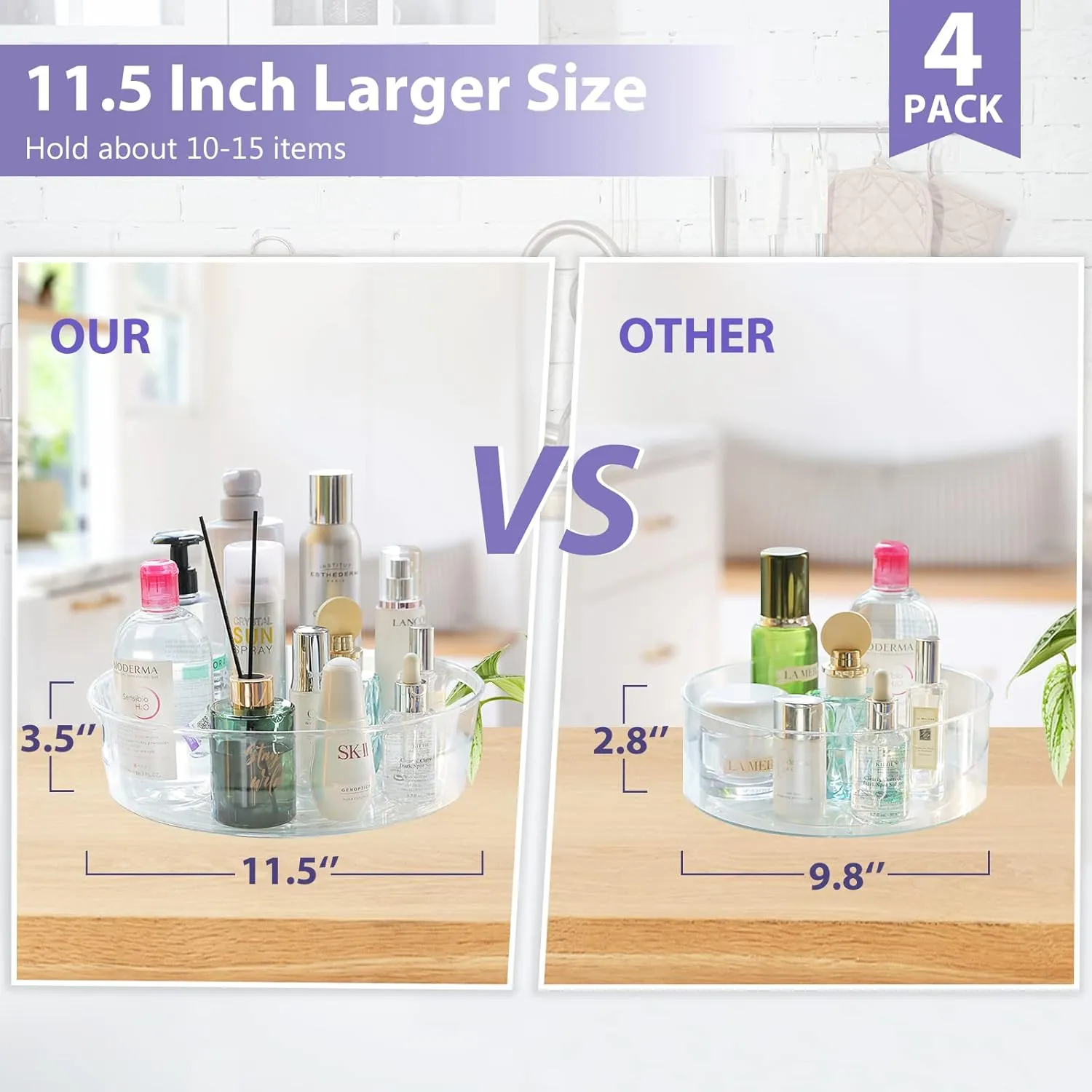 GUZON 4 Pack Lazy Susan Organizer for Cabinet, Upgraded 11.5" Clear Lazy Susan Turntable with Handles and Raised Edge, Rotating Spice Storage for Kitchen, Pantry, Refrigerator, Bathroom, Table