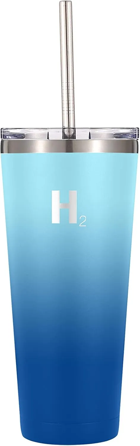 H2 HYDROLOGY Classic Tumbler With Lid and Four Straws | Double Wall Vacuum Insulated Stainless Steel | Anti-Slip for Coffee, Tea (32 oz, Cool Water)