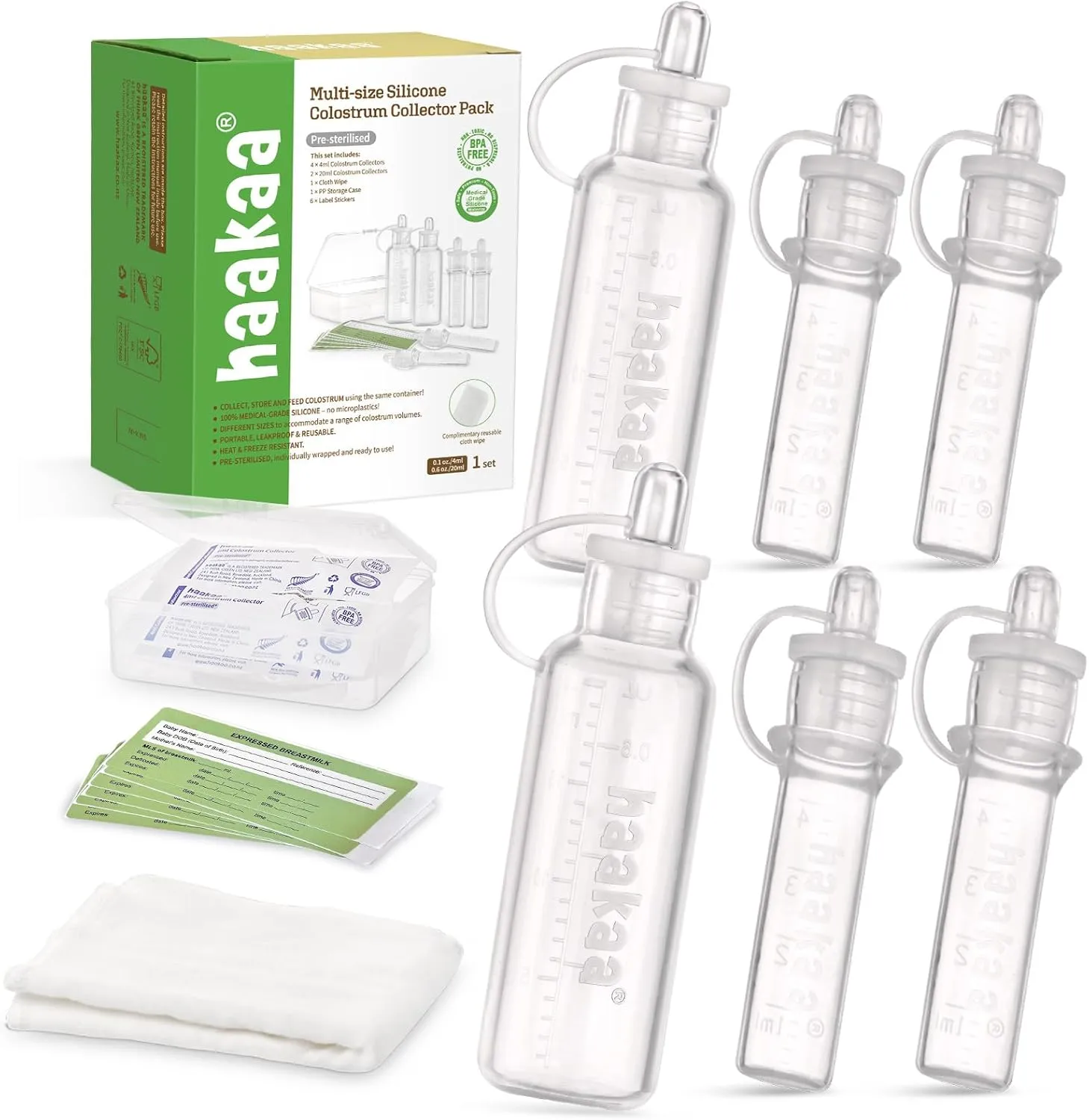 haakaa Colostrum Collector Set Breast Milk Collector for Breastfeeding, Ready-to-Use Packaging, Reusable, BPA Free, Include a Cotton Wipe and Storage Case (4pcsx4ml 2pcsx20ml)