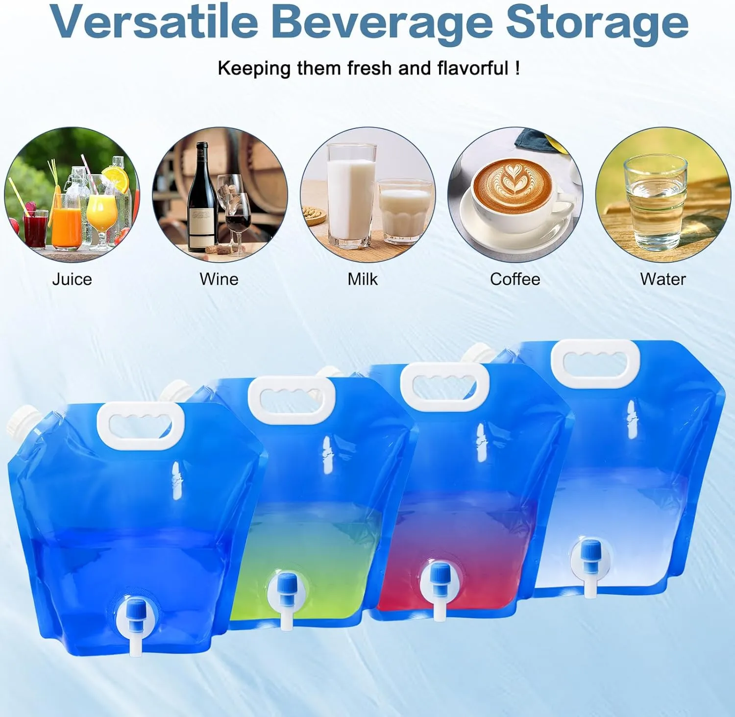 Hakkin 4Pack Collapsible Water Container Bag with spouts, 5L/(1.3 Gallon) Water Jug No-Leak Freezable Portable BPA Free Food Grade Plastic Emergency Storage Jug for Camping, Hiking, Travel