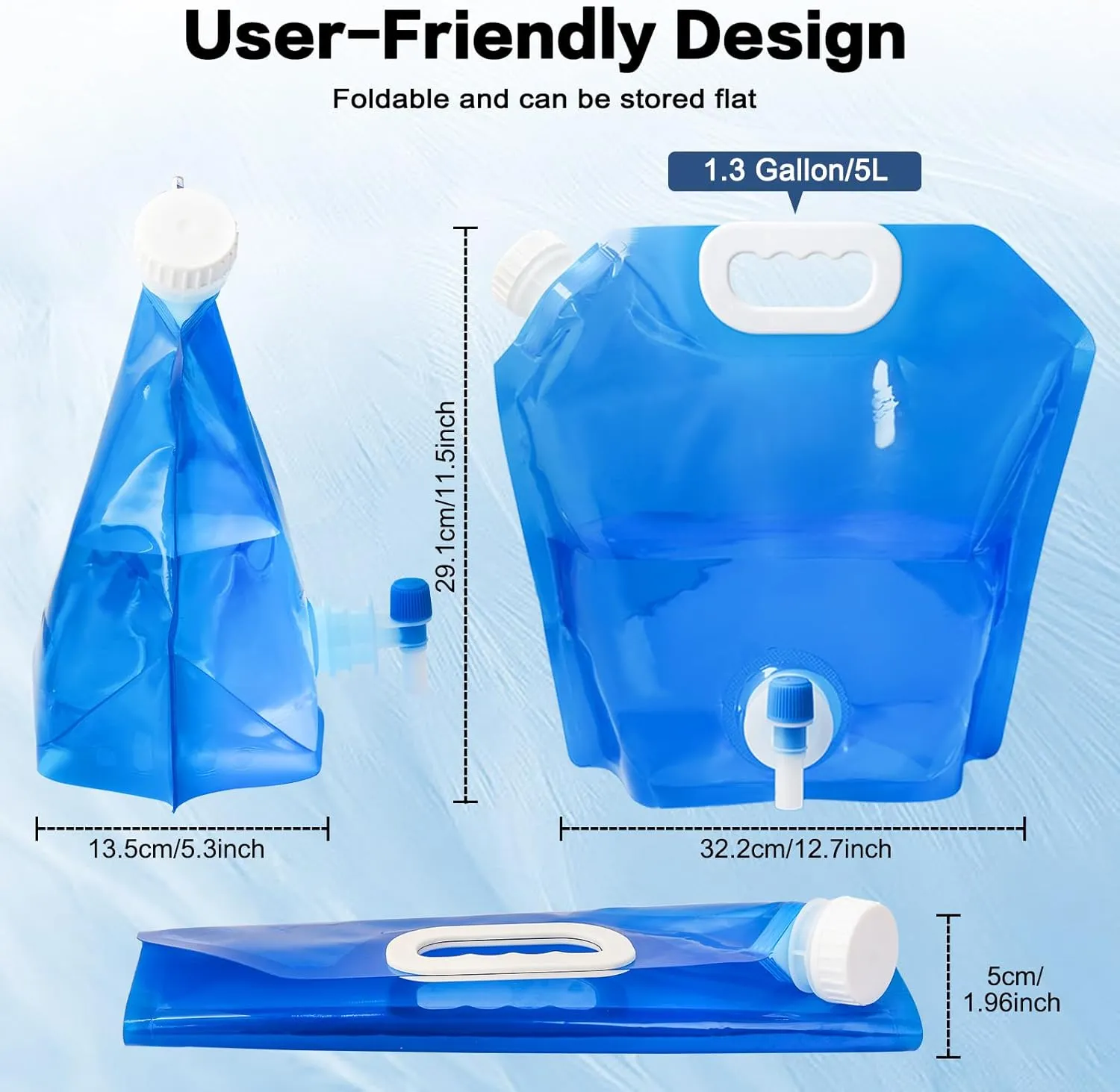 Hakkin 4Pack Collapsible Water Container Bag with spouts, 5L/(1.3 Gallon) Water Jug No-Leak Freezable Portable BPA Free Food Grade Plastic Emergency Storage Jug for Camping, Hiking, Travel