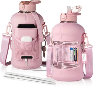 Half Gallon 2.2L Water Bottle With Straw 74oz Large Gym Water Bottle With Storage Sleeve, Bottle Brush, BuiltIn Wallet, Pockets for Phone & AirPod, BPA Free Big Sports Water Jug w/Carry Handle, Pink